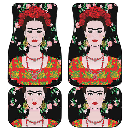 Frida Kahlo And Pink Flower Print Front and Back Car Floor Mats