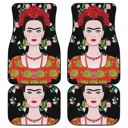 Frida Kahlo And Pink Flower Print Front and Back Car Floor Mats