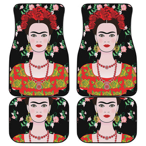 Frida Kahlo And Pink Flower Print Front and Back Car Floor Mats