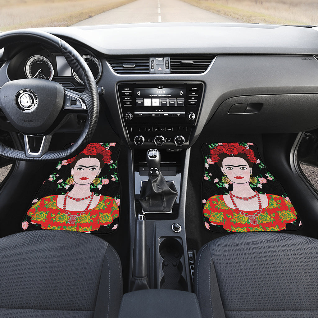 Frida Kahlo And Pink Flower Print Front and Back Car Floor Mats