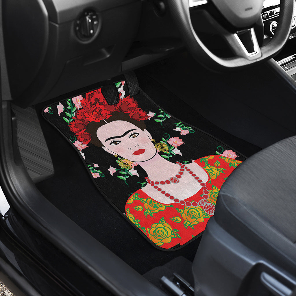 Frida Kahlo And Pink Flower Print Front and Back Car Floor Mats