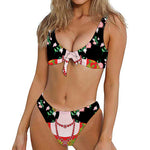 Frida Kahlo And Pink Flower Print Front Bow Tie Bikini