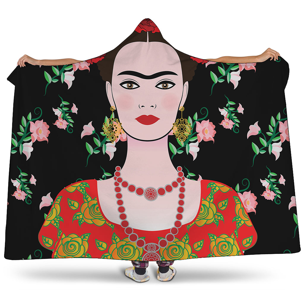 Frida Kahlo And Pink Flower Print Hooded Blanket