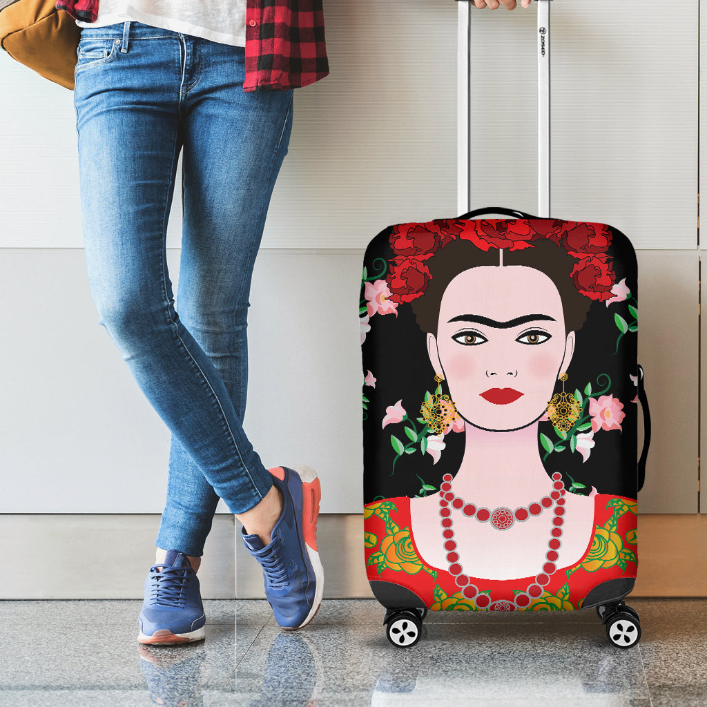Frida Kahlo And Pink Flower Print Luggage Cover