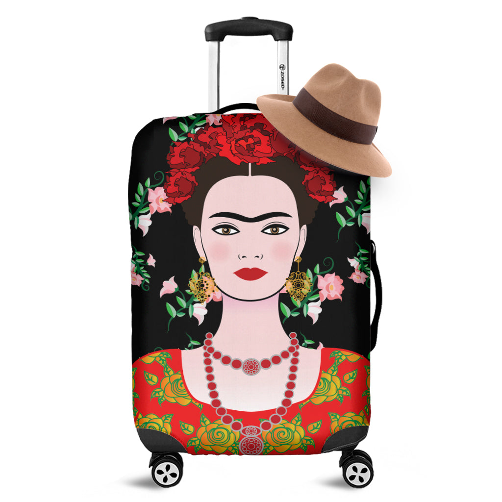 Frida Kahlo And Pink Flower Print Luggage Cover