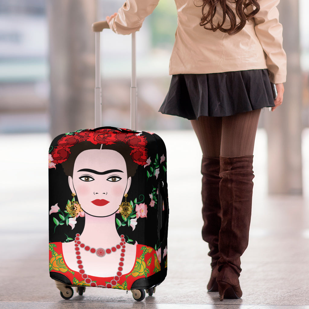 Frida Kahlo And Pink Flower Print Luggage Cover