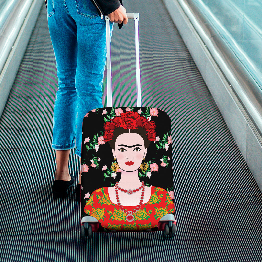 Frida Kahlo And Pink Flower Print Luggage Cover