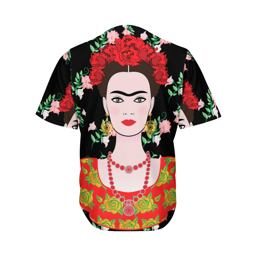 Frida Kahlo And Pink Flower Print Men's Baseball Jersey