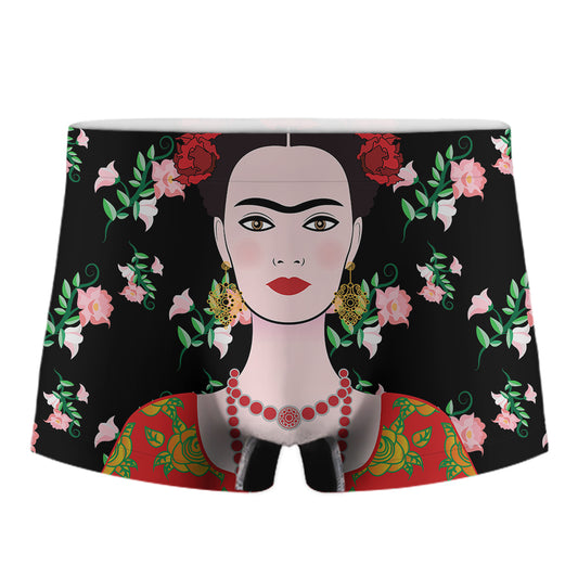 Frida Kahlo And Pink Flower Print Men's Boxer Briefs