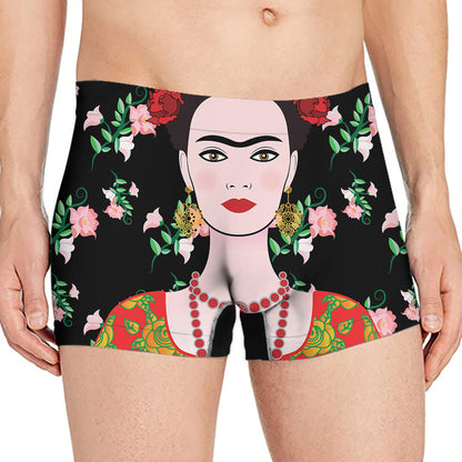 Frida Kahlo And Pink Flower Print Men's Boxer Briefs