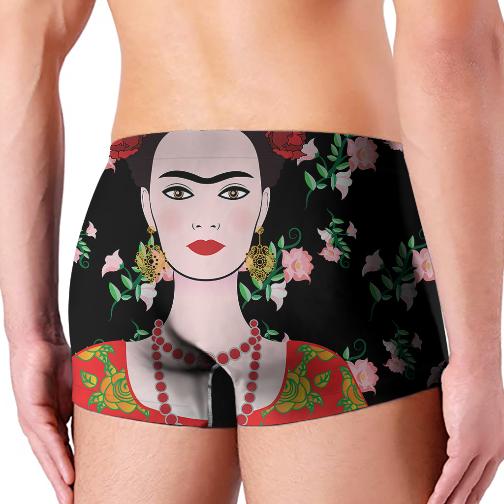 Frida Kahlo And Pink Flower Print Men's Boxer Briefs