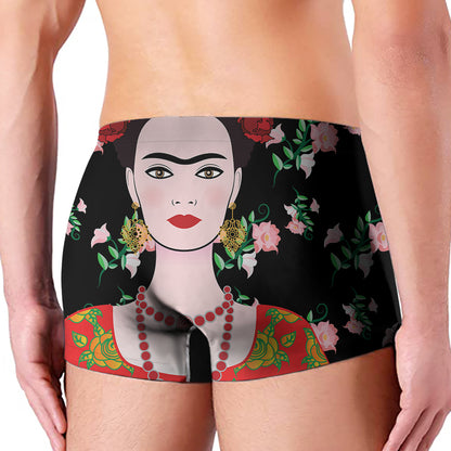 Frida Kahlo And Pink Flower Print Men's Boxer Briefs