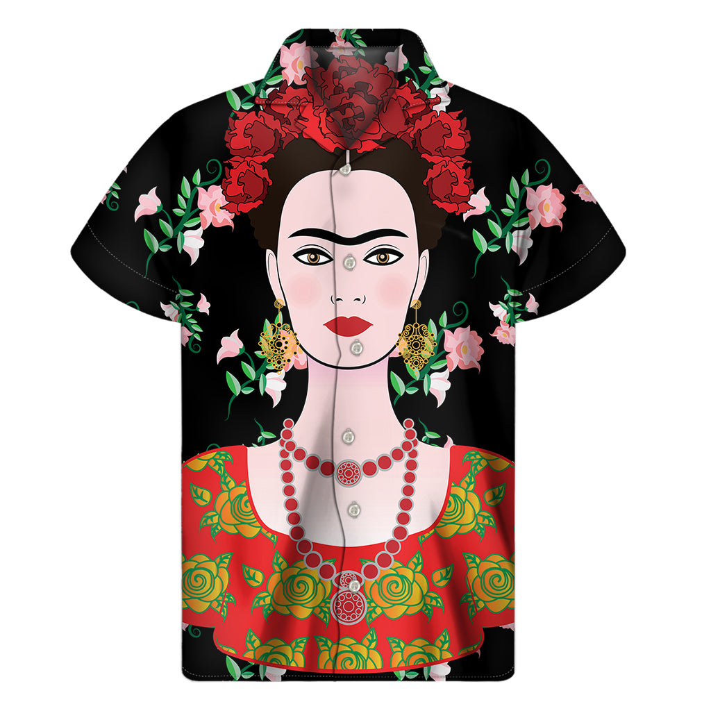 Frida Kahlo And Pink Flower Print Men's Short Sleeve Shirt
