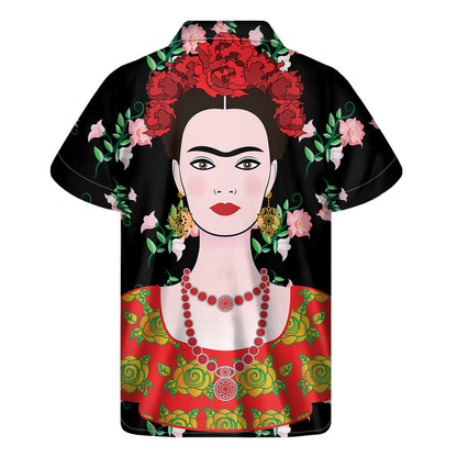 Frida Kahlo And Pink Flower Print Men's Short Sleeve Shirt