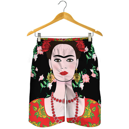 Frida Kahlo And Pink Flower Print Men's Shorts