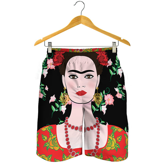 Frida Kahlo And Pink Flower Print Men's Shorts