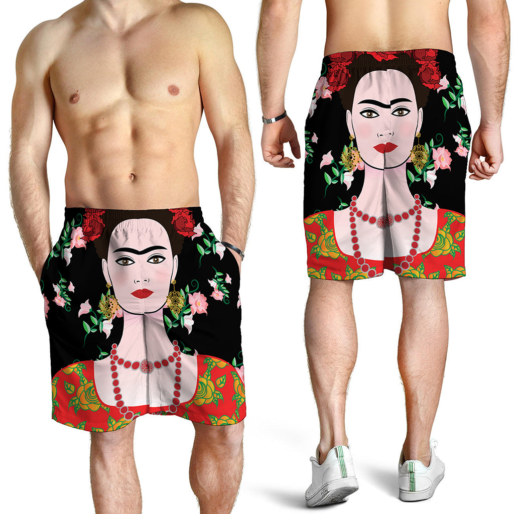 Frida Kahlo And Pink Flower Print Men's Shorts