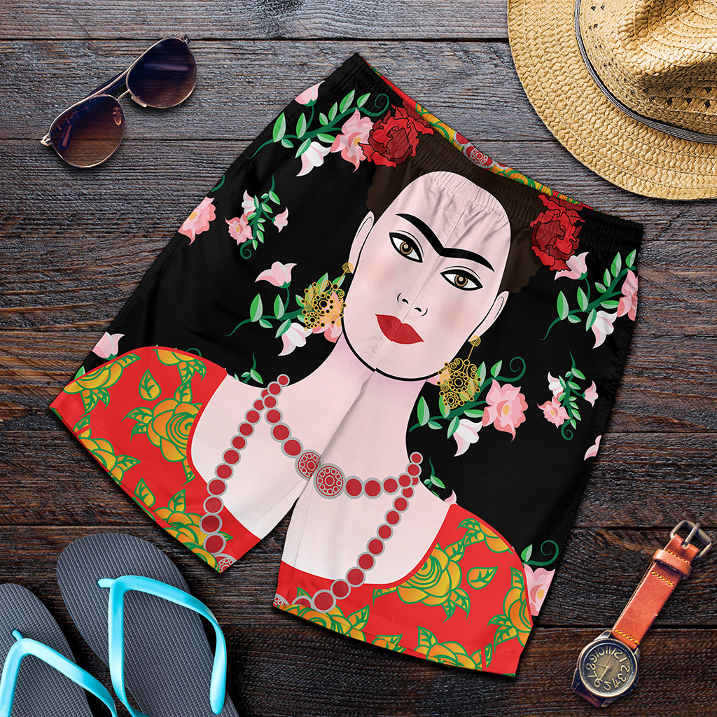 Frida Kahlo And Pink Flower Print Men's Shorts