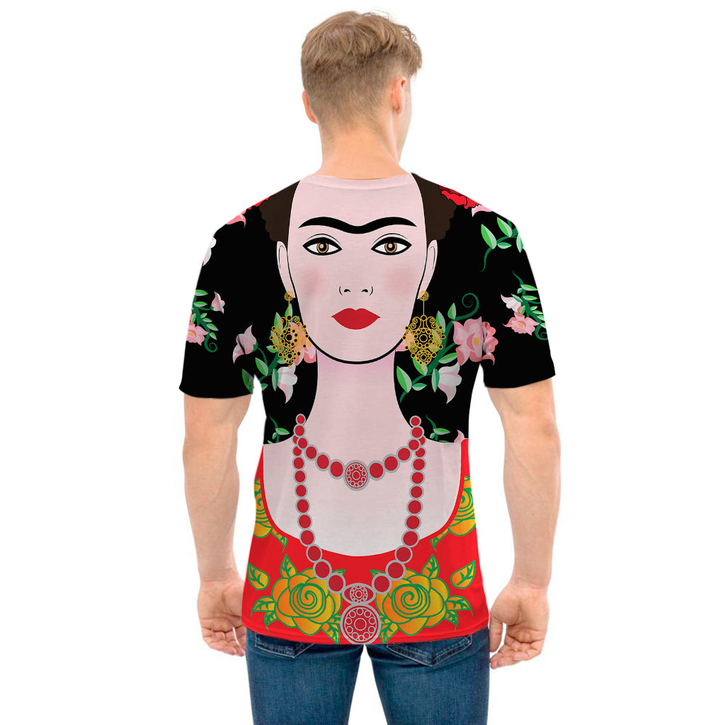 Frida Kahlo And Pink Flower Print Men's T-Shirt