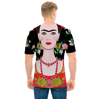 Frida Kahlo And Pink Flower Print Men's T-Shirt