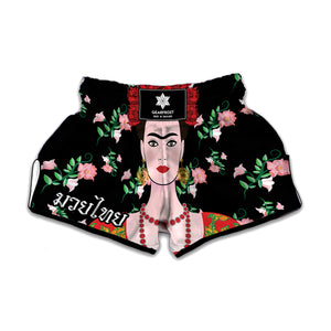 Frida Kahlo And Pink Flower Print Muay Thai Boxing Shorts