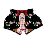 Frida Kahlo And Pink Flower Print Muay Thai Boxing Shorts