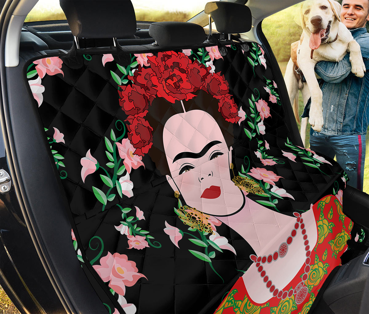 Frida Kahlo And Pink Flower Print Pet Car Back Seat Cover