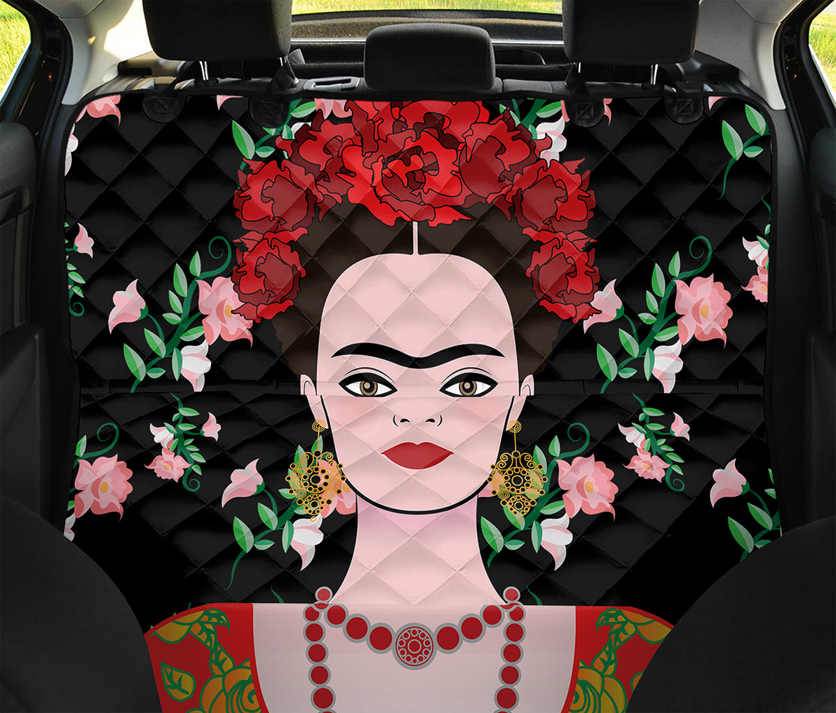 Frida Kahlo And Pink Flower Print Pet Car Back Seat Cover