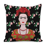 Frida Kahlo And Pink Flower Print Pillow Cover