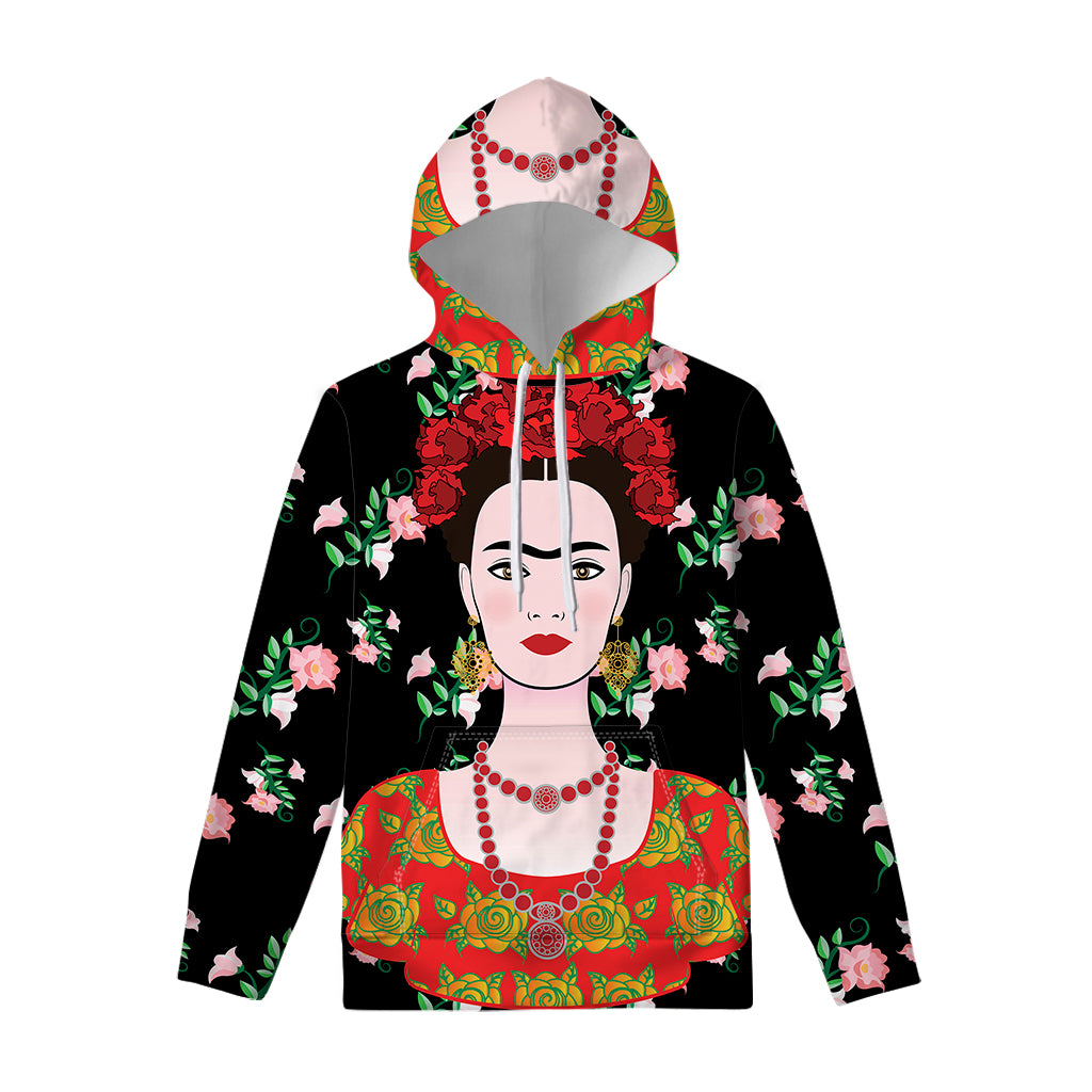 Frida Kahlo And Pink Flower Print Pullover Hoodie