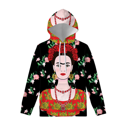 Frida Kahlo And Pink Flower Print Pullover Hoodie