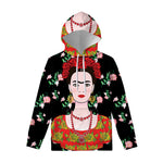 Frida Kahlo And Pink Flower Print Pullover Hoodie