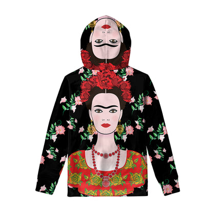 Frida Kahlo And Pink Flower Print Pullover Hoodie