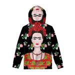 Frida Kahlo And Pink Flower Print Pullover Hoodie