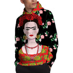 Frida Kahlo And Pink Flower Print Pullover Hoodie