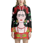 Frida Kahlo And Pink Flower Print Pullover Hoodie Dress