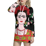 Frida Kahlo And Pink Flower Print Pullover Hoodie Dress