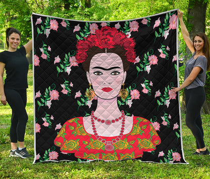 Frida Kahlo And Pink Flower Print Quilt
