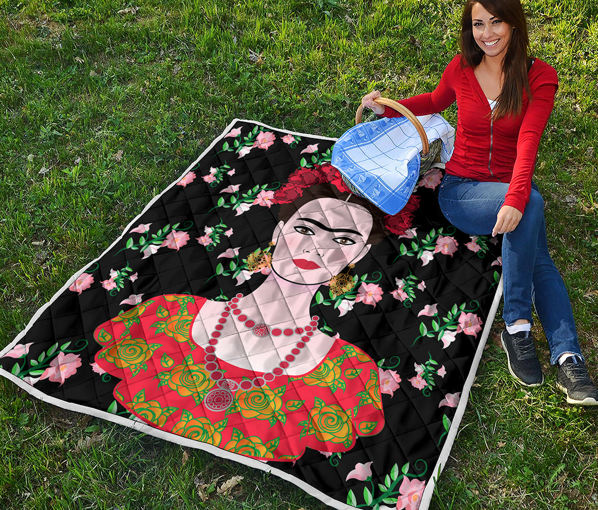 Frida Kahlo And Pink Flower Print Quilt