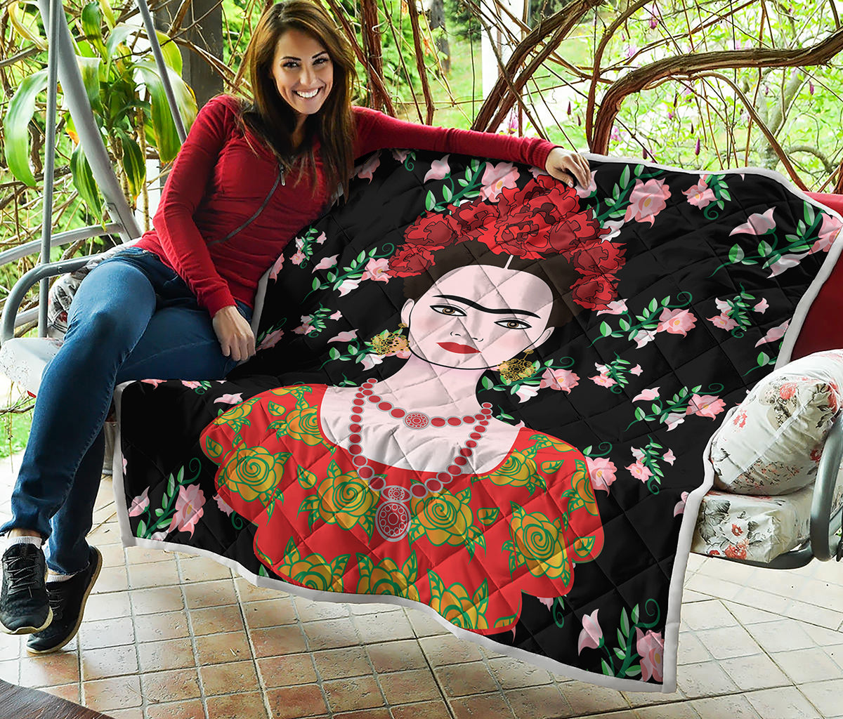 Frida Kahlo And Pink Flower Print Quilt