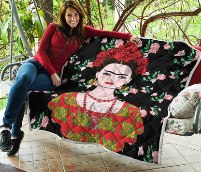 Frida Kahlo And Pink Flower Print Quilt