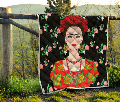 Frida Kahlo And Pink Flower Print Quilt
