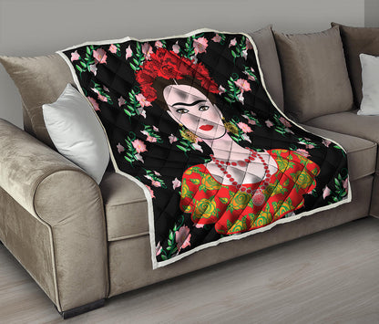 Frida Kahlo And Pink Flower Print Quilt