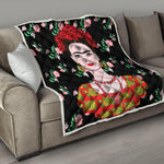 Frida Kahlo And Pink Flower Print Quilt