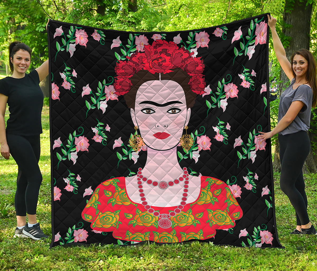Frida Kahlo And Pink Flower Print Quilt