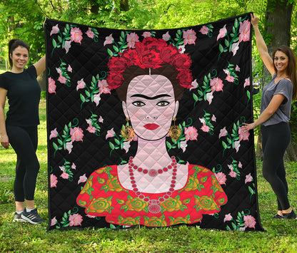 Frida Kahlo And Pink Flower Print Quilt