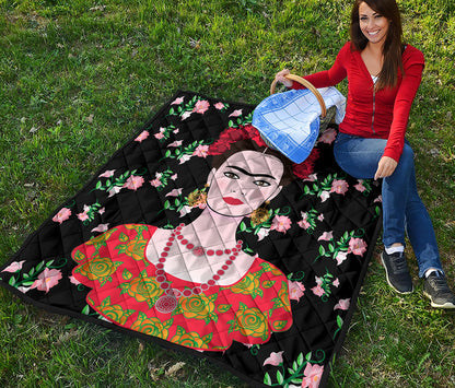 Frida Kahlo And Pink Flower Print Quilt