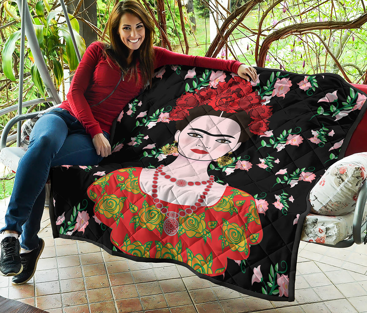Frida Kahlo And Pink Flower Print Quilt
