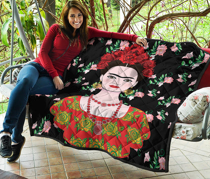 Frida Kahlo And Pink Flower Print Quilt