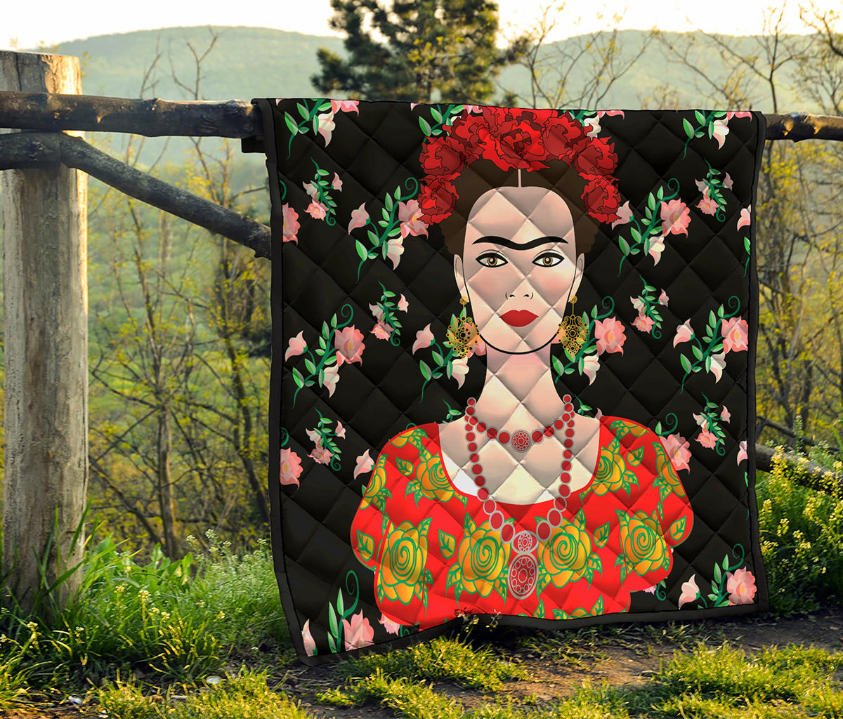 Frida Kahlo And Pink Flower Print Quilt